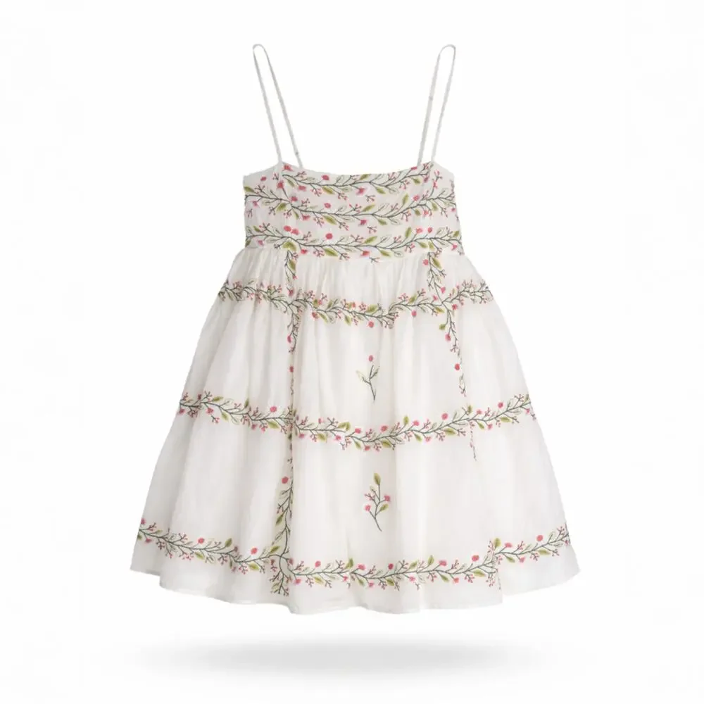 Samant Chauhan Cottage Boho Embroidered Babydoll Tiered Cami Mini Dress L Floral - Picture 2 of 14